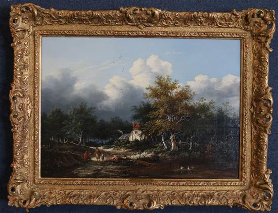 Edward Williams (1782-1855) Travellers passing a cottage in a wooded landscape 11.5 x 16.25in.